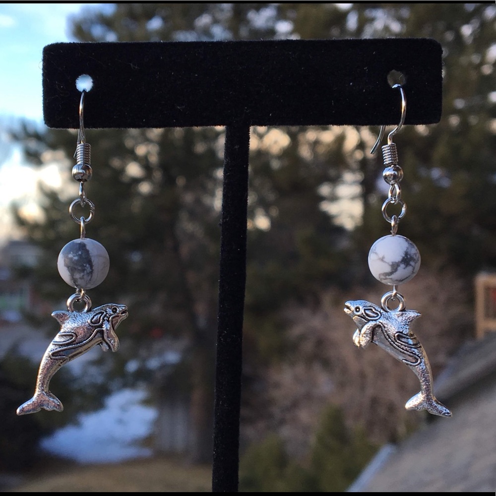 Natural White Howlite Whale Dangle Earrings